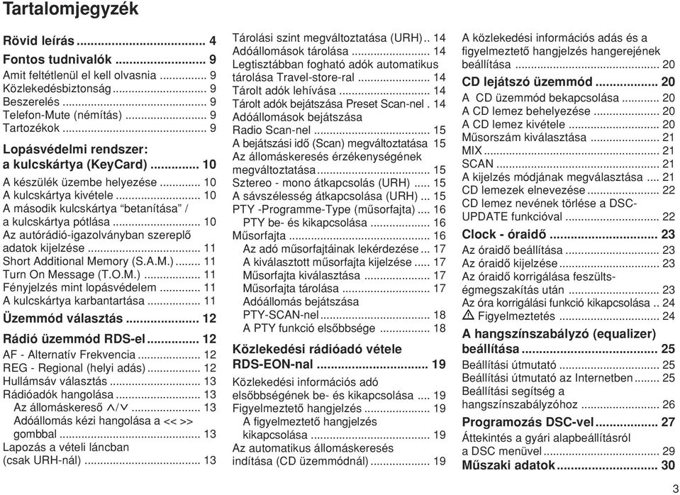 .. 10 Az autórádió-igazolványban szereplœ adatok kijelzése... 11 Short Additional Memory (S.A.M.)... 11 Turn On Message (T.O.M.)... 11 Fényjelzés mint lopásvédelem... 11 A kulcskártya karbantartása.
