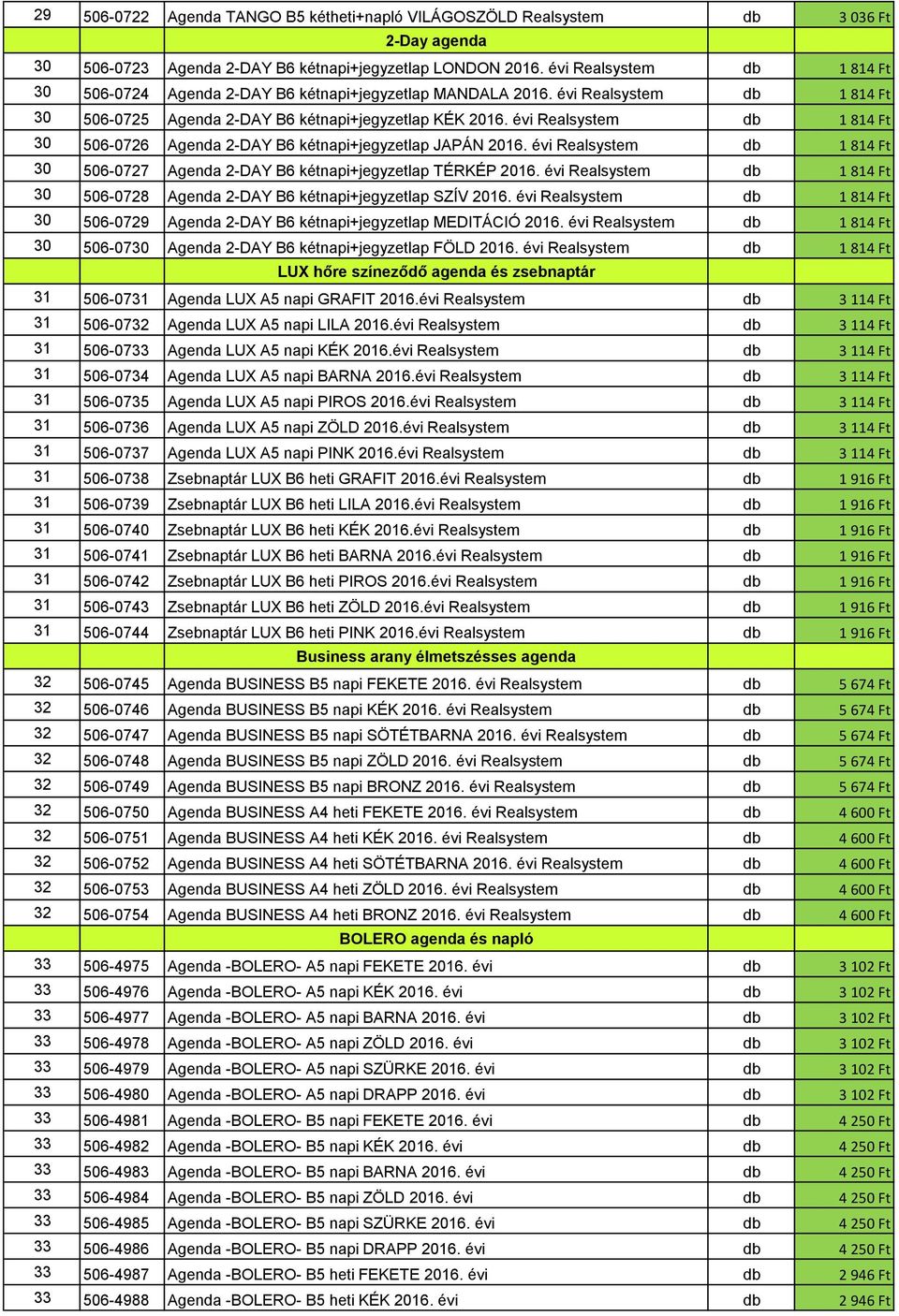 évi Realsystem db 1 814 Ft 30 506-0726 Agenda 2-DAY B6 kétnapi+jegyzetlap JAPÁN 2016. évi Realsystem db 1 814 Ft 30 506-0727 Agenda 2-DAY B6 kétnapi+jegyzetlap TÉRKÉP 2016.