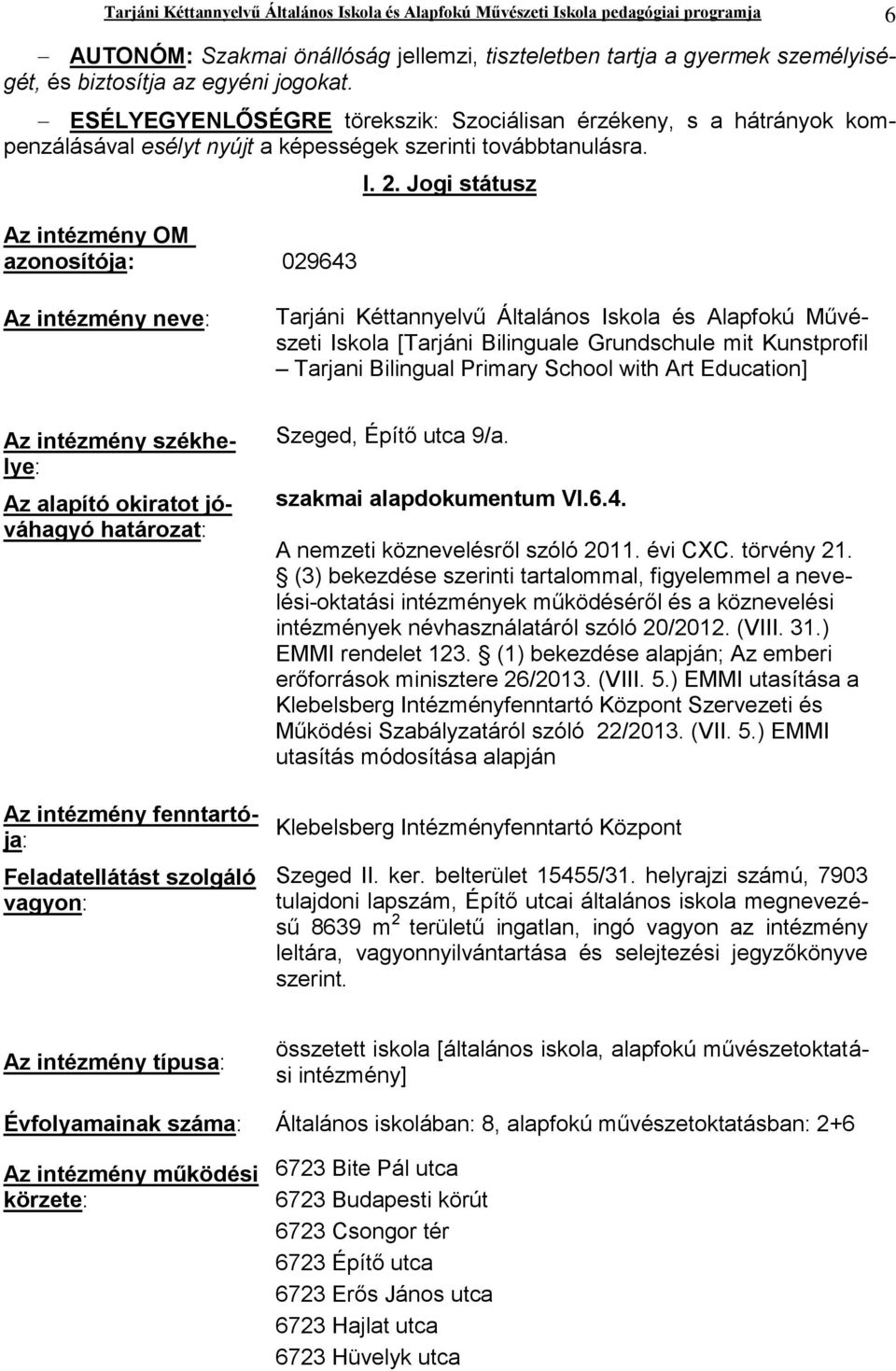 Jogi státusz Az intézmény neve: Tarjáni Kéttannyelvű Általános Iskola és Alapfokú Művészeti Iskola [Tarjáni Bilinguale Grundschule mit Kunstprofil Tarjani Bilingual Primary School with Art Education]