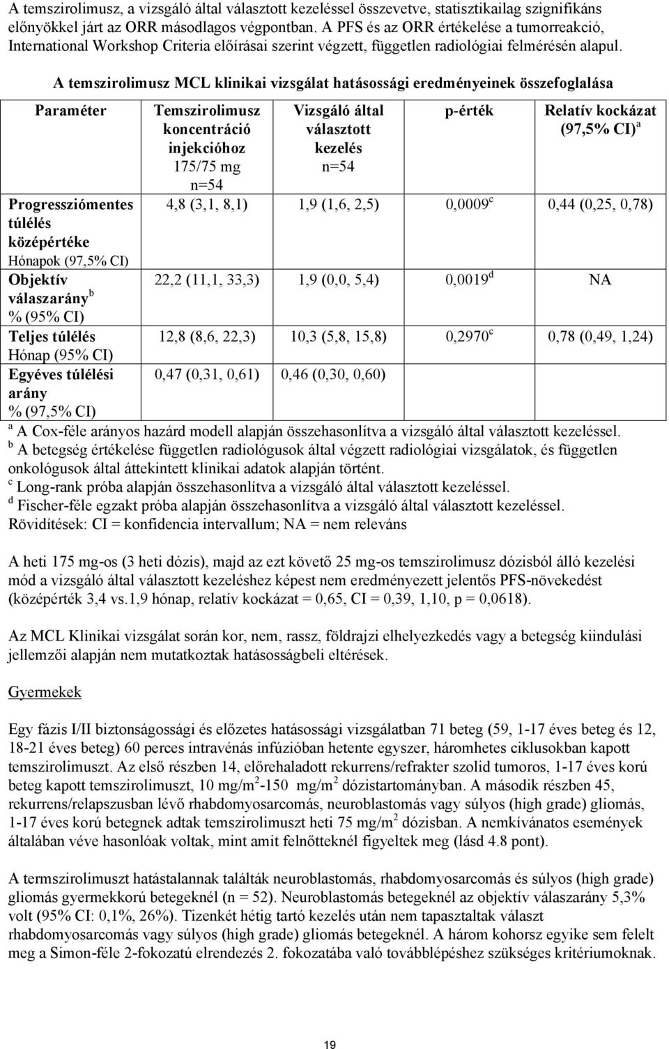 A temszirolimusz MCL klinikai vizsgálat hatásossági eredményeinek összefoglalása Paraméter Progressziómentes túlélés középértéke Hónapok (97,5% CI) Objektív válaszarány b % (95% CI) Teljes túlélés