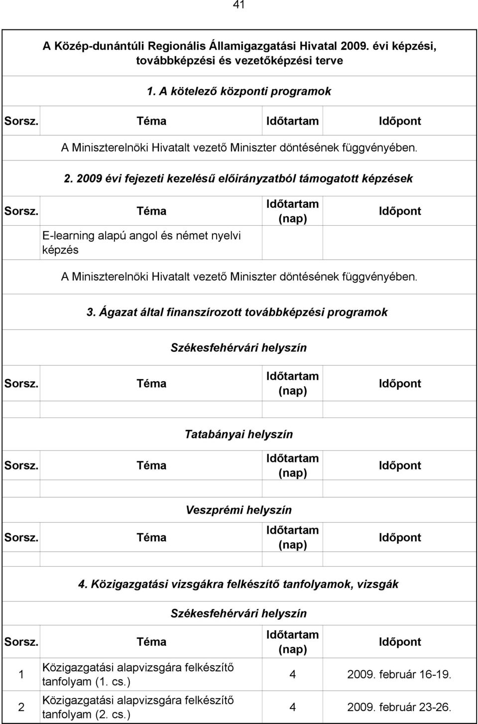 2009 évi fejezeti kezelésű előirányzatból támogatott képzések E-learning alapú angol és német nyelvi képzés A Miniszterelnöki Hivatalt vezető Miniszter döntésének függvényében. 3.