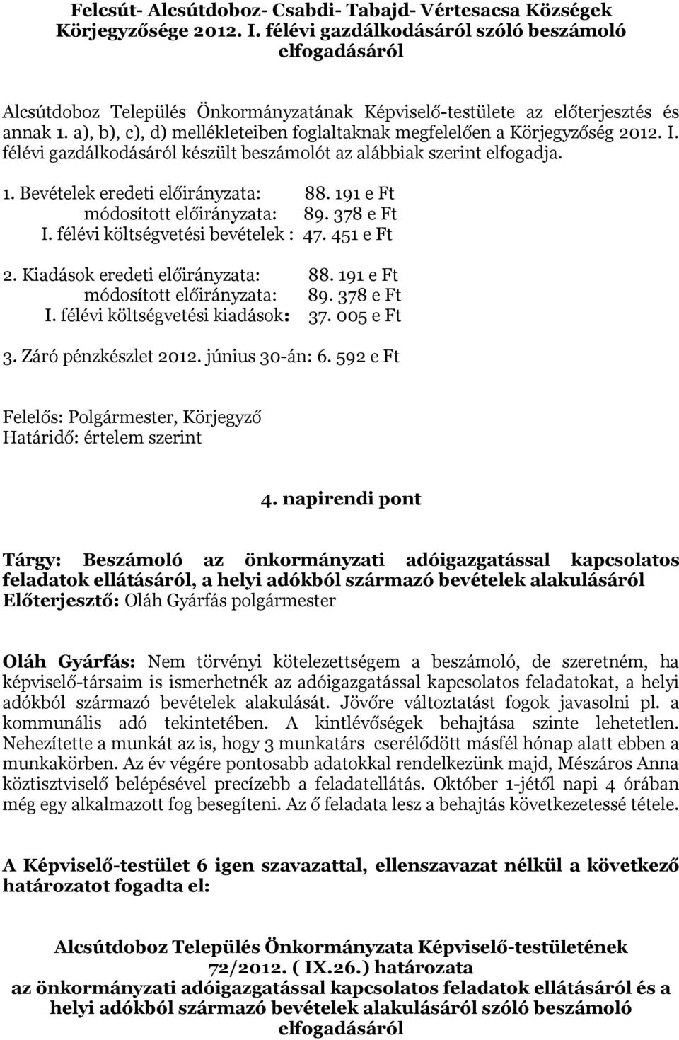 a), b), c), d) mellékleteiben foglaltaknak megfelelően a Körjegyzőség 2012. I. félévi gazdálkodásáról készült beszámolót az alábbiak szerint elfogadja. 1. Bevételek eredeti előirányzata: 88.