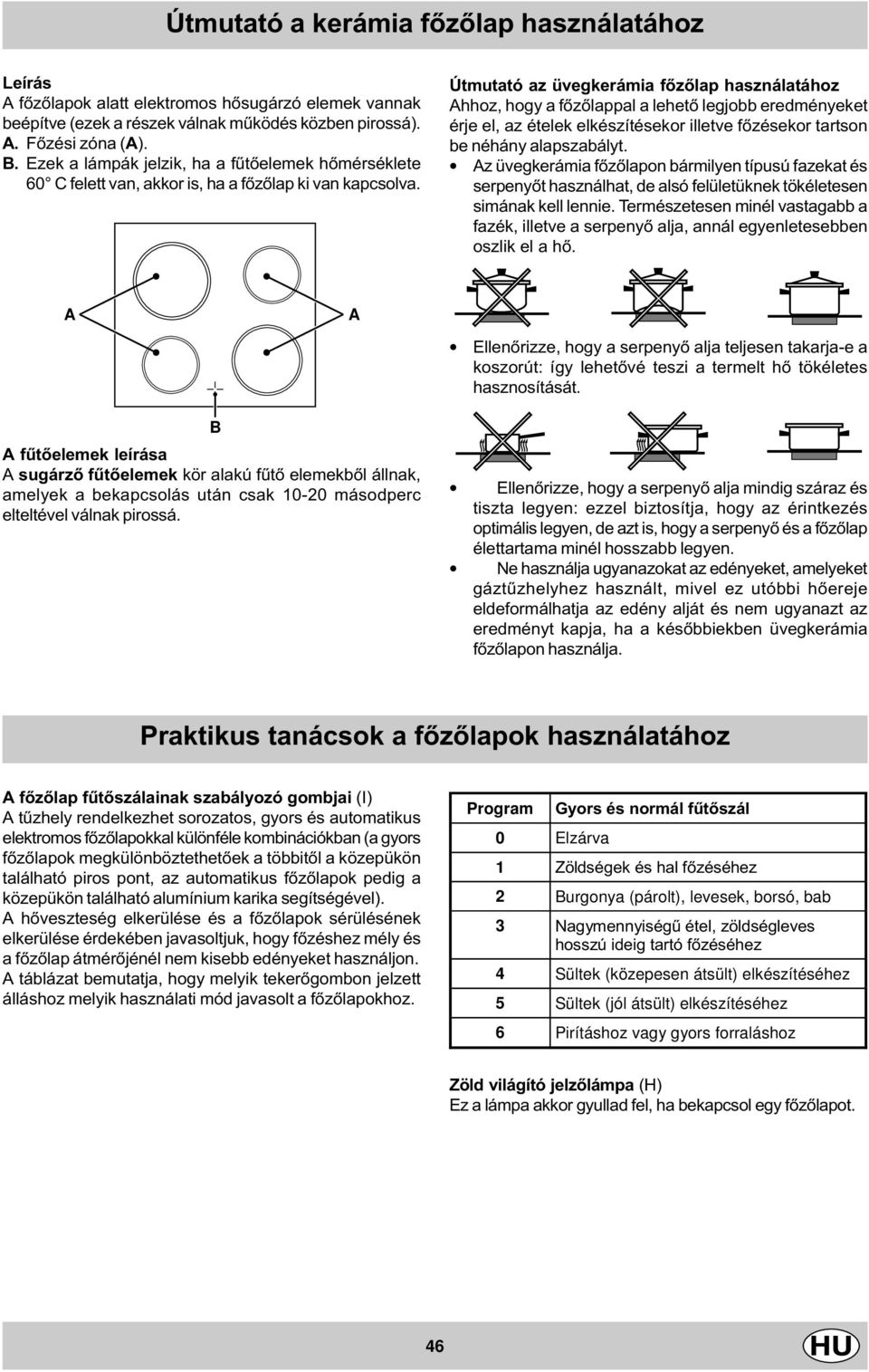 Útmutató az üvegkerámia fõzõlap használatához Ahhoz, hogy a fõzõlappal a lehetõ legjobb eredményeket érje el, az ételek elkészítésekor illetve fõzésekor tartson be néhány alapszabályt.