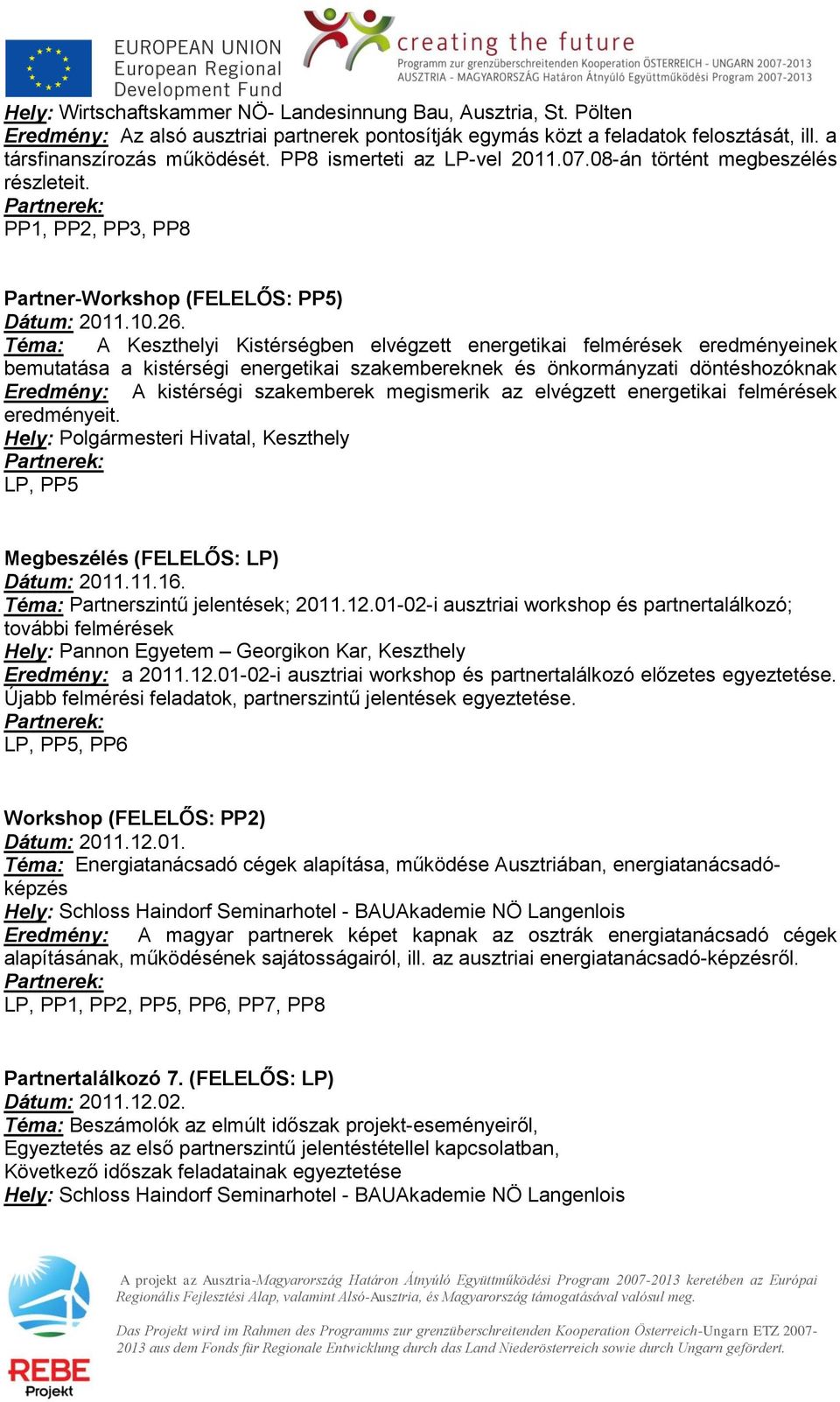 Téma: A Keszthelyi Kistérségben elvégzett energetikai felmérések eredményeinek bemutatása a kistérségi energetikai szakembereknek és önkormányzati döntéshozóknak Eredmény: A kistérségi szakemberek