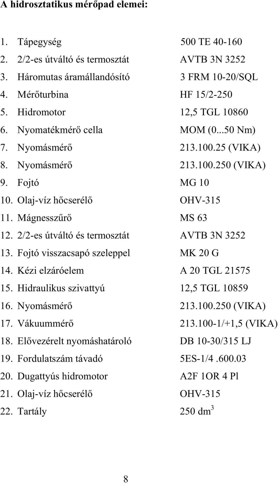 2/2-es útváltó és termosztát AVTB 3N 3252 13. Fojtó visszacsapó szeleppel MK 20 G 14. Kézi elzáróelem A 20 TGL 21575 15. Hidraulikus szivattyú 12,5 TGL 10859 16. Nyomásmér 213.100.250 (VIKA) 17.