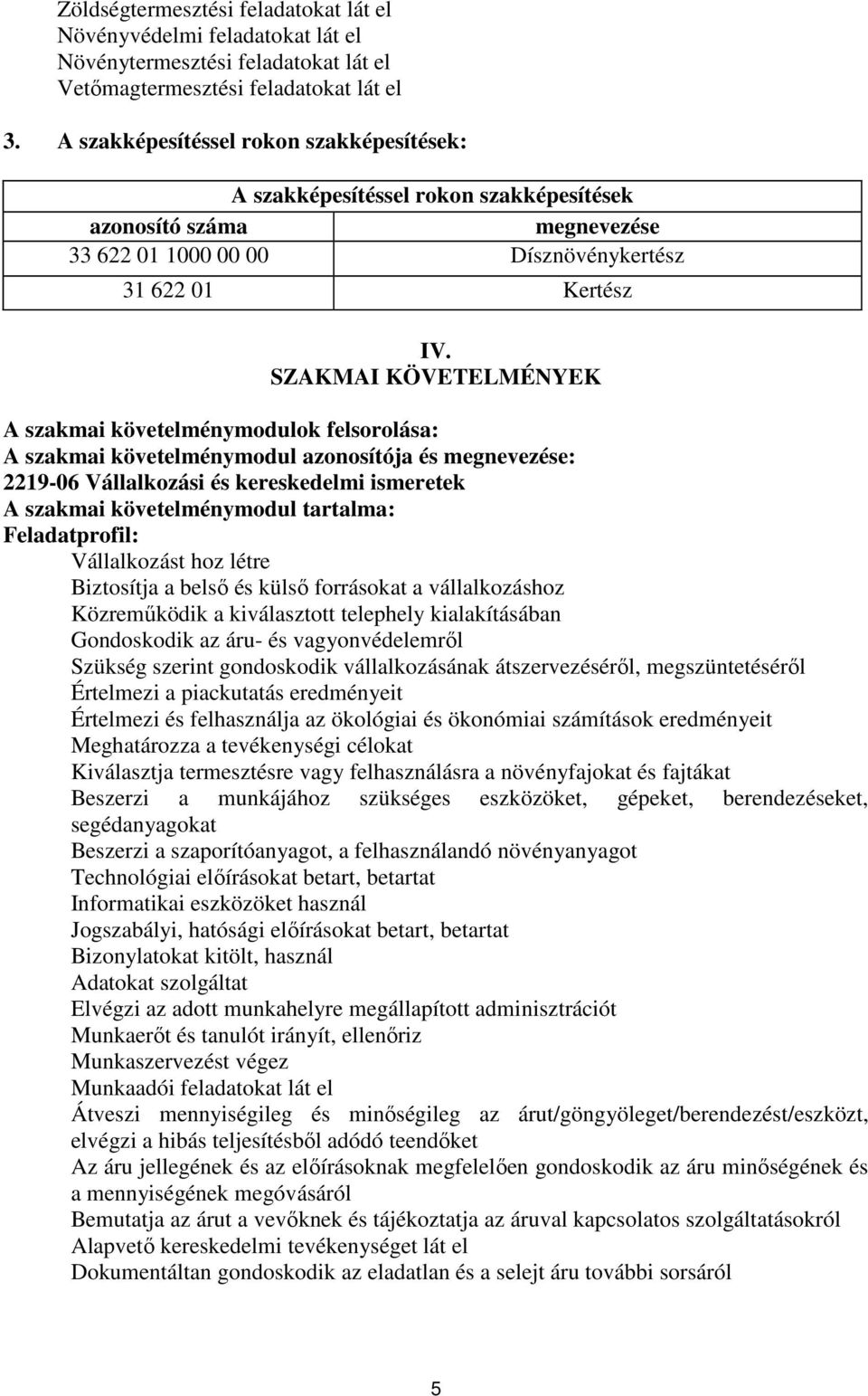 SZAKMAI KÖVETELMÉNYEK A szakmai követelménymodulok felsorolása: A szakmai követelménymodul azonosítója és megnevezése: 2219-06 Vállalkozási és kereskedelmi ismeretek A szakmai követelménymodul