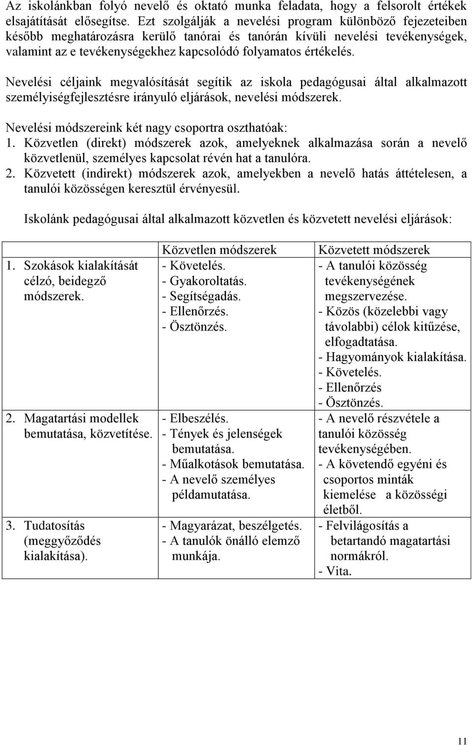 Nevelési céljaink egvalósítását segítik az iskola pedagógusai által alkalazott szeélyiségfejlesztésre irányuló eljárások, nevelési ódszerek. Nevelési ódszereink két nagy csoportra oszthatóak: 1.