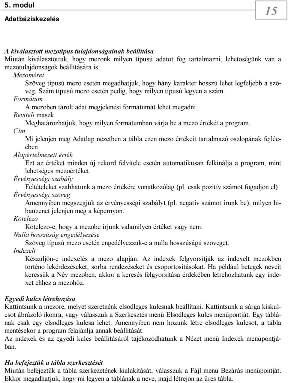 Formátum A mezoben tárolt adat megjelenési formátumát lehet megadni. Beviteli maszk Meghatározhatjuk, hogy milyen formátumban várja be a mezo értékét a program.