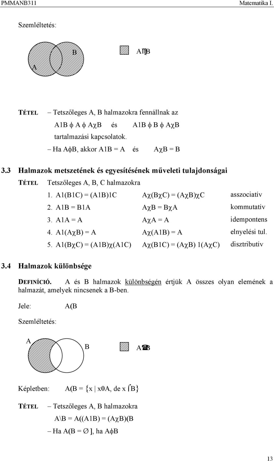 AA = A AχA = A idemptes 4. A(AχB) = A Aχ(AB) = A elyelési tul. 5. A(BχC) = (AB)χ(AC) Aχ(BC) = (AχB) (AχC) disztributív 3.4 Halmazk külöbsége DEFINÍCIÓ.