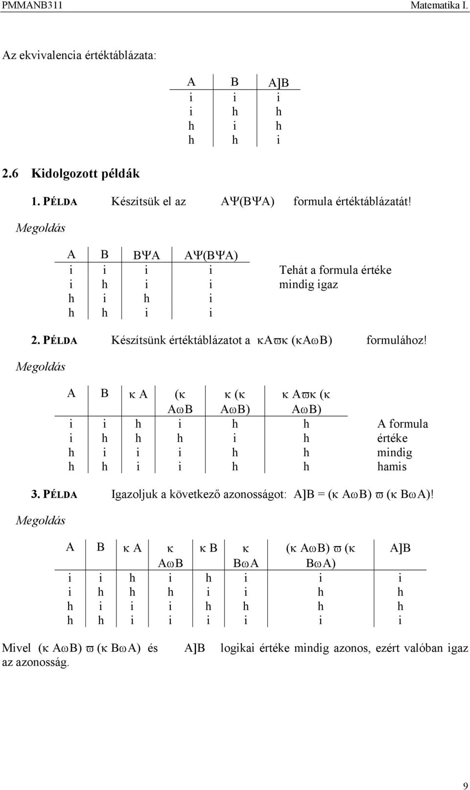 Megldás A B κ A (κ AωB κ (κ AωB) κ Aϖκ (κ AωB) i i h i h h A rmula i h h h i h értéke h i i i h h midig h h i i h h hamis 3.