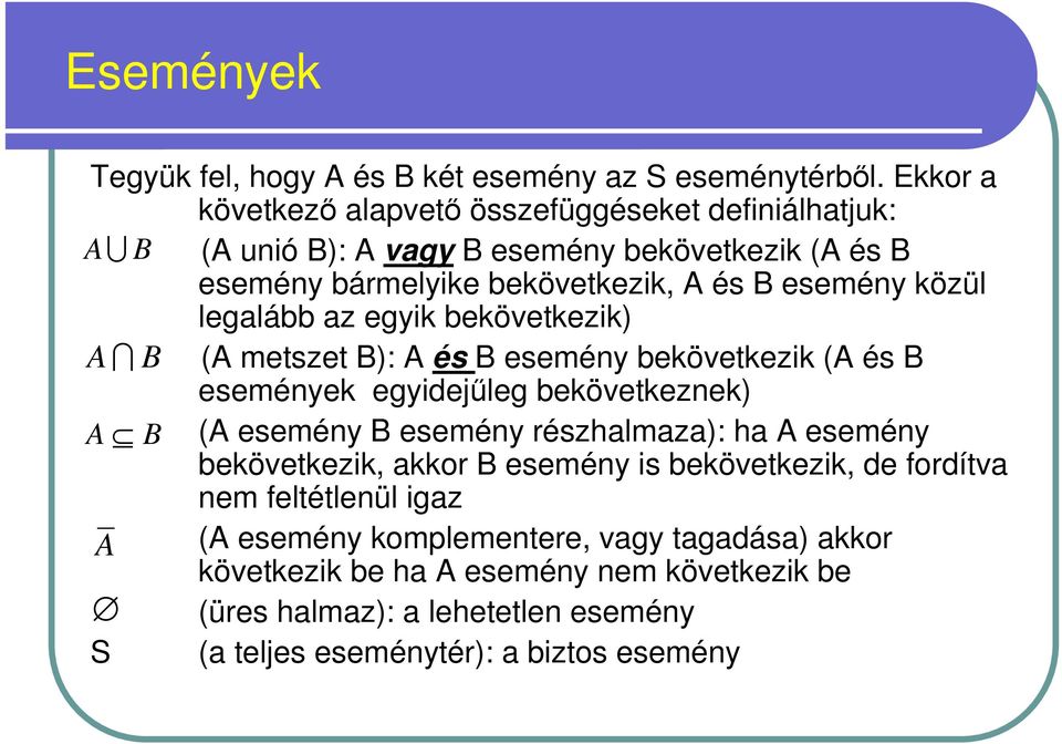 közül legalább az egyik bekövetkezik) AI B (A metszet B): A és B esemény bekövetkezik (A és B események egyidejőleg bekövetkeznek) A B (A esemény B esemény