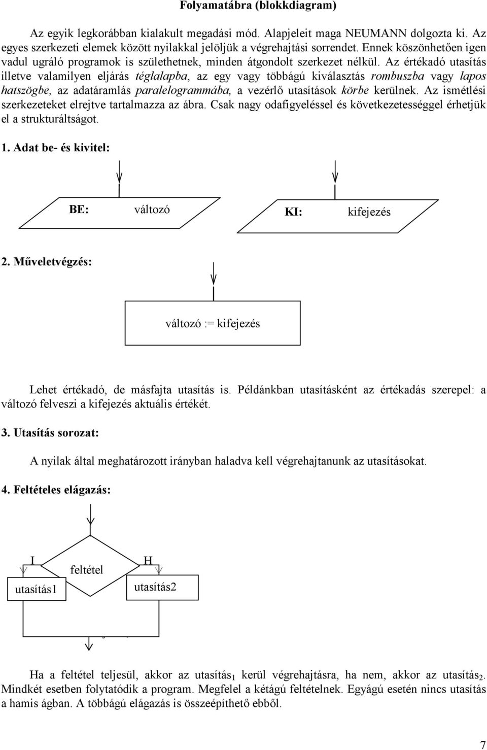 Az értékadó utasítás illetve valamilyen eljárás téglalapba, az egy vagy többágú kiválasztás rombuszba vagy lapos hatszögbe, az adatáramlás paralelogrammába, a vezérl+ utasítások körbe kerülnek.