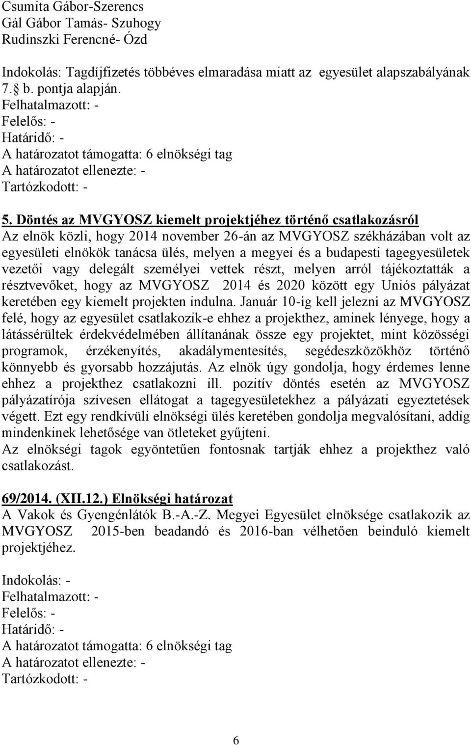 tagegyesületek vezetői vagy delegált személyei vettek részt, melyen arról tájékoztatták a résztvevőket, hogy az MVGYOSZ 2014 és 2020 között egy Uniós pályázat keretében egy kiemelt projekten indulna.