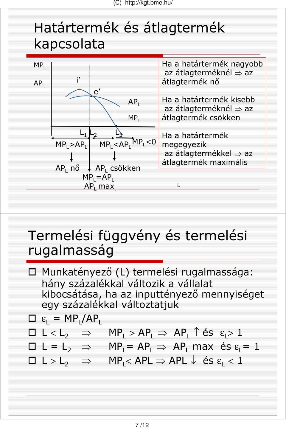 Ha a határtermék megegyezik az átlagtermékkel az átlagtermék maximális Termelési függvény és termelési rugalmasság Munkatényezı () termelési