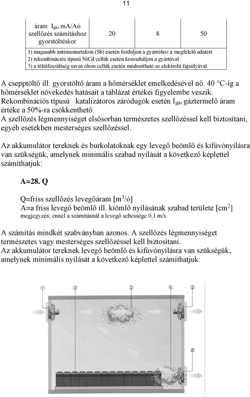 40 C-ig a hőmérséklet növekedés hatásait a táblázat értékei figyelembe veszik. Rekombinációs típusú katalizátoros záródugók esetén I gáz gáztermelő áram értéke a 50%-ra csökkenthető.