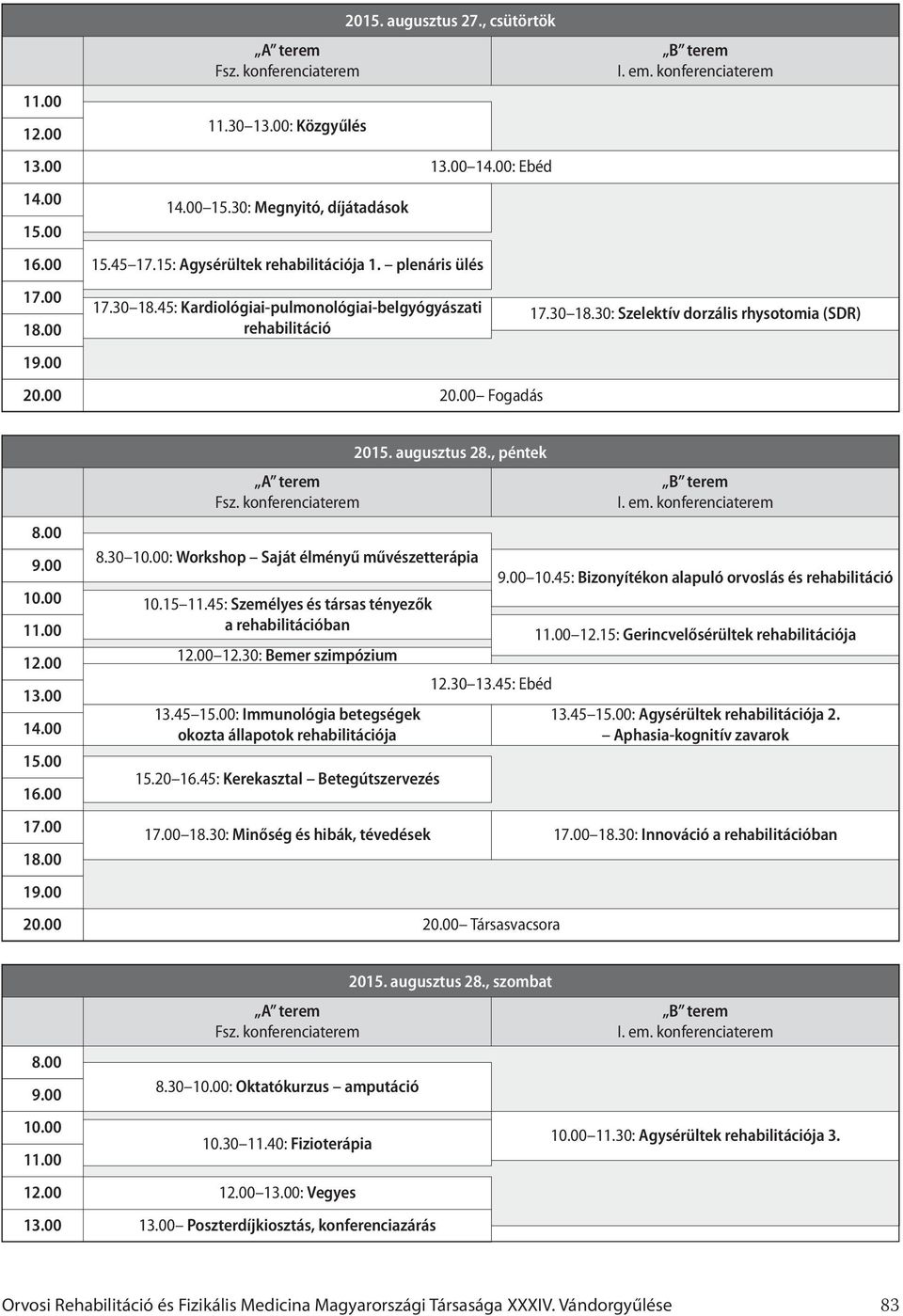 00 9.00 10.00 11.00 12.00 13.00 14.00 15.00 16.00 17.00 18.00 19.00 20.00 A terem Fsz. konferenciaterem 2015. augusztus 28., péntek 8.30 10.00: Workshop Saját élményű művészetterápia 10.15 11.