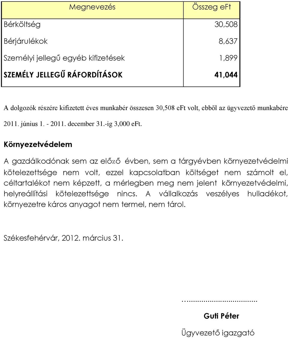 Környezetvédelem A gazdálkodónak sem az előző évben, sem a tárgyévben környezetvédelmi kötelezettsége nem volt, ezzel kapcsolatban költséget nem számolt el, céltartalékot nem