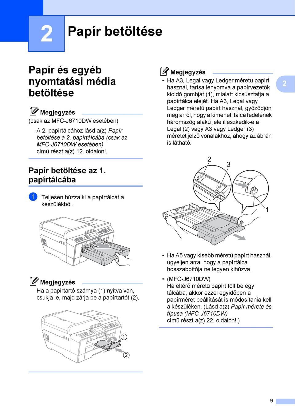 papírtálcába 2 Ha A3, Legal vagy Ledger méretű papírt használ, tartsa lenyomva a papírvezetők kioldó gombját (1), mialatt kicsúsztatja a papírtálca elejét.