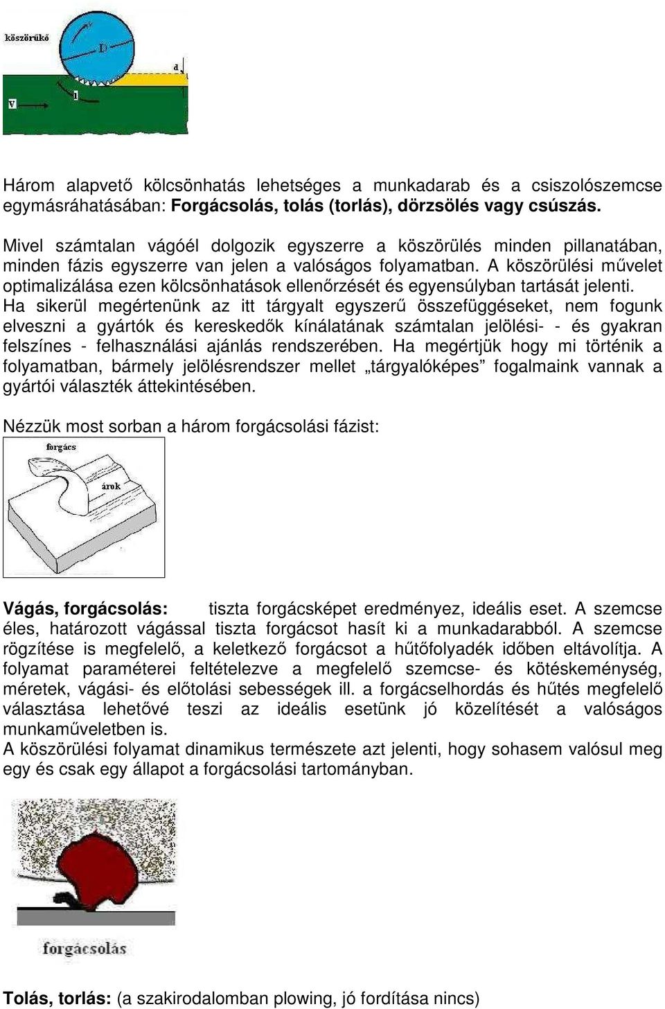 A köszörülési mővelet optimalizálása ezen kölcsönhatások ellenırzését és egyensúlyban tartását jelenti.