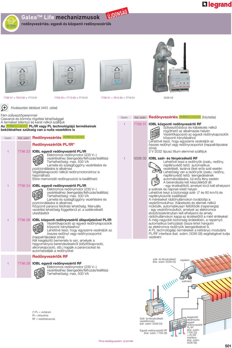 szám Redônyvezérlés In One by Legrand Redônyvezérlôk PL/IR* 1 7756 23 IOBL egyedi redônyvezérlô PL/IR Elektromos redônymotor (230 V~) vezérléséhez (leengedés/felhúzás/leállítás) Terhelhetôség: max.