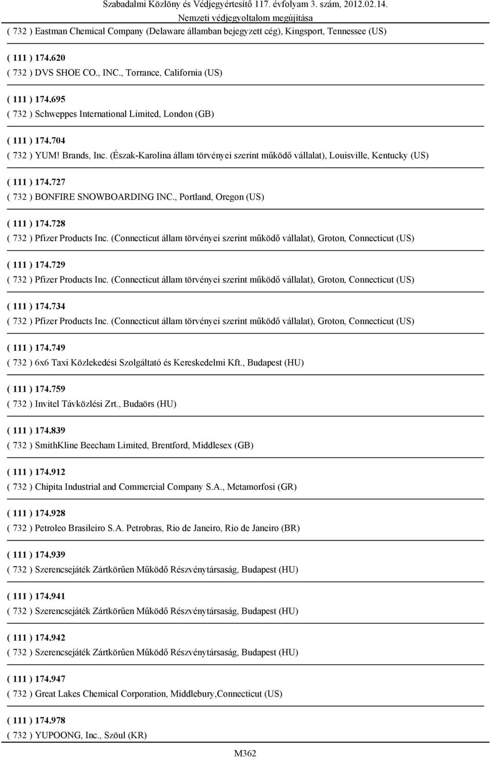 727 ( 732 ) BONFIRE SNOWBOARDING INC., Portland, Oregon (US) ( 111 ) 174.728 ( 732 ) Pfizer Products Inc. (Connecticut állam törvényei szerint működő vállalat), Groton, Connecticut (US) ( 111 ) 174.