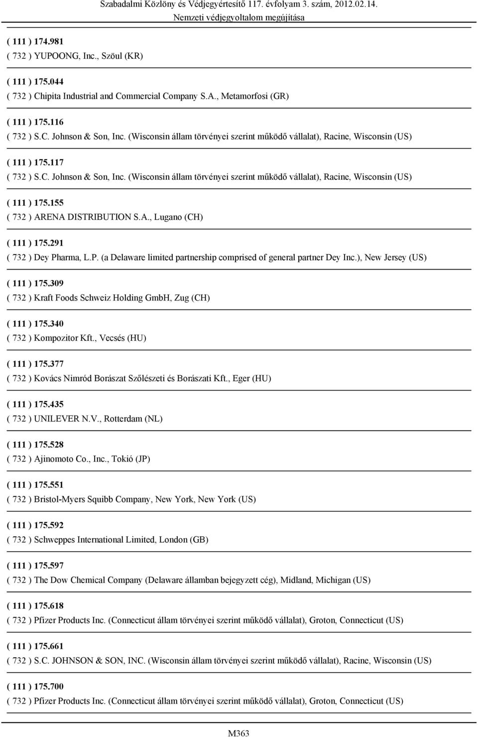 (Wisconsin állam törvényei szerint működő vállalat), Racine, Wisconsin (US) ( 111 ) 175.155 ( 732 ) ARENA DISTRIBUTION S.A., Lugano (CH) ( 111 ) 175.291 ( 732 ) Dey Ph