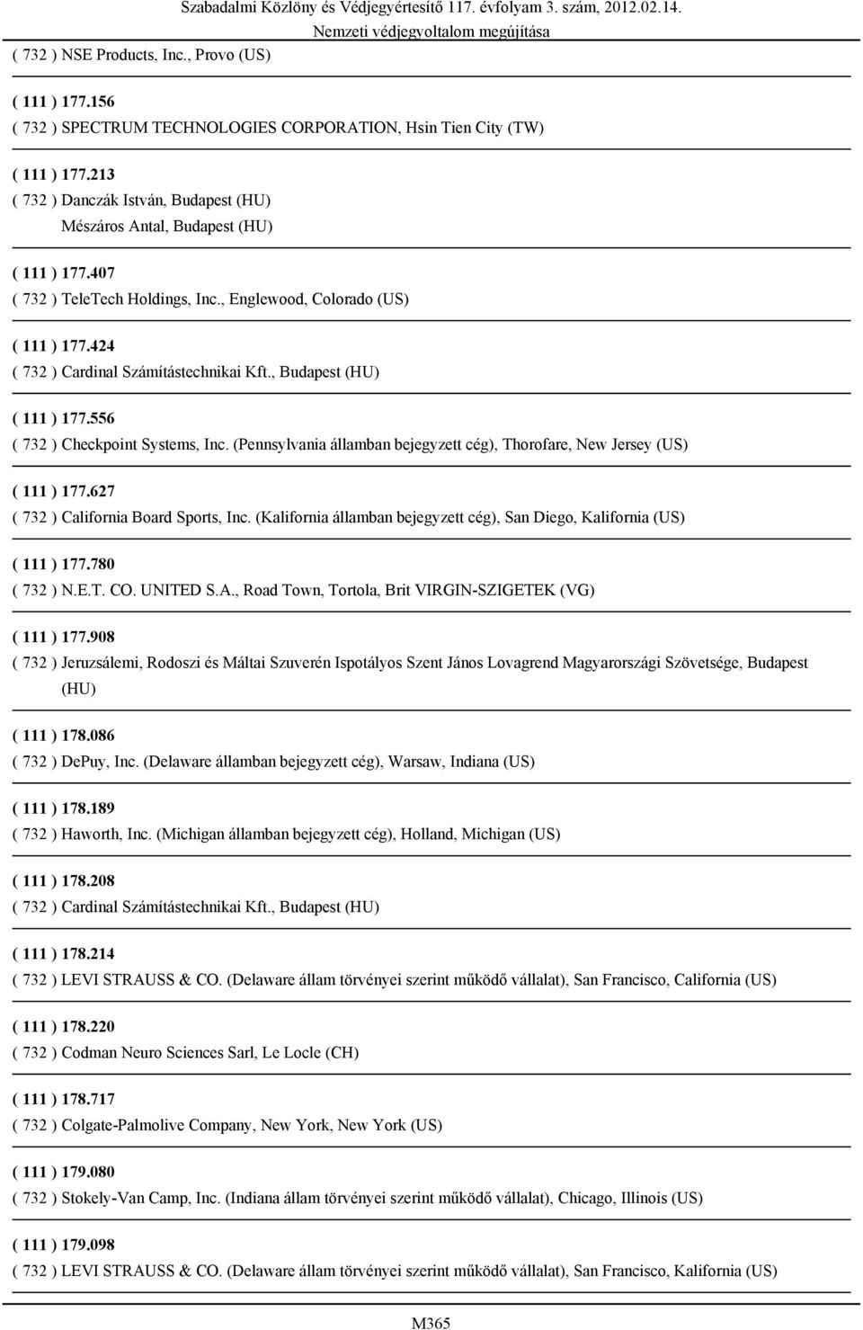 424 ( 732 ) Cardinal Számítástechnikai Kft., Budapest (HU) ( 111 ) 177.556 ( 732 ) Checkpoint Systems, Inc. (Pennsylvania államban bejegyzett cég), Thorofare, New Jersey (US) ( 111 ) 177.