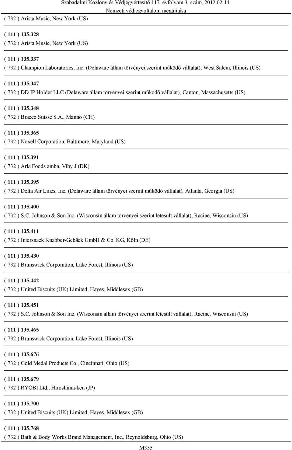 347 ( 732 ) DD IP Holder LLC (Delaware állam törvényei szerint működő vállalat), Canton, Massachusetts (US) ( 111 ) 135.348 ( 732 ) Bracco Suisse S.A., Manno (CH) ( 111 ) 135.