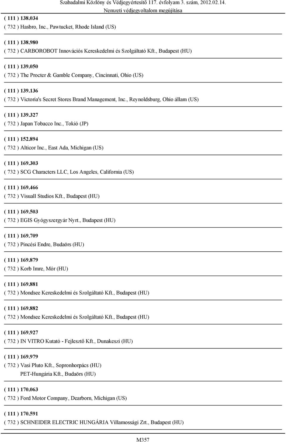 327 ( 732 ) Japan Tobacco Inc., Tokió (JP) ( 111 ) 152.894 ( 732 ) Alticor Inc., East Ada, Michigan (US) ( 111 ) 169.303 ( 732 ) SCG Characters LLC, Los Angeles, California (US) ( 111 ) 169.