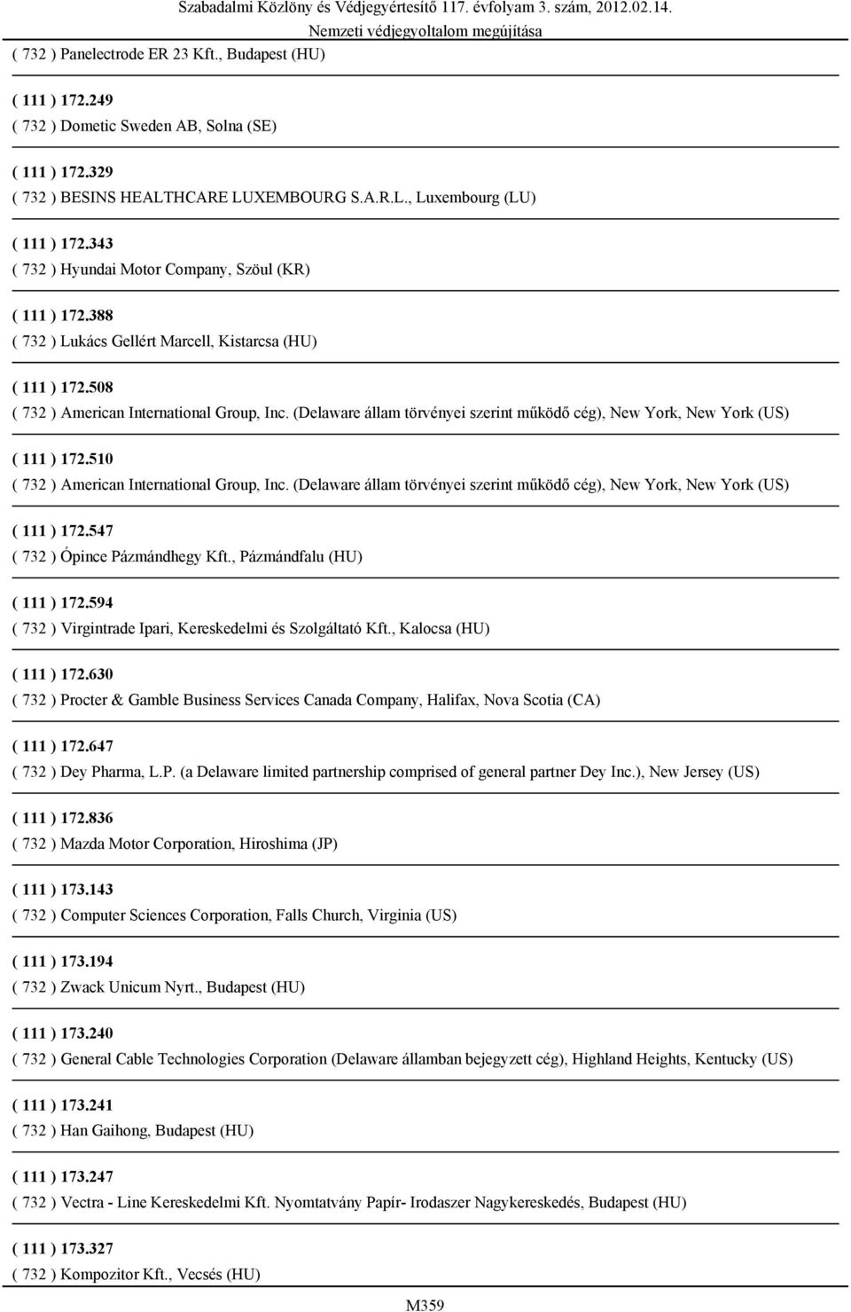 (Delaware állam törvényei szerint működő cég), New York, New York (US) ( 111 ) 172.510 ( 732 ) American International Group, Inc.