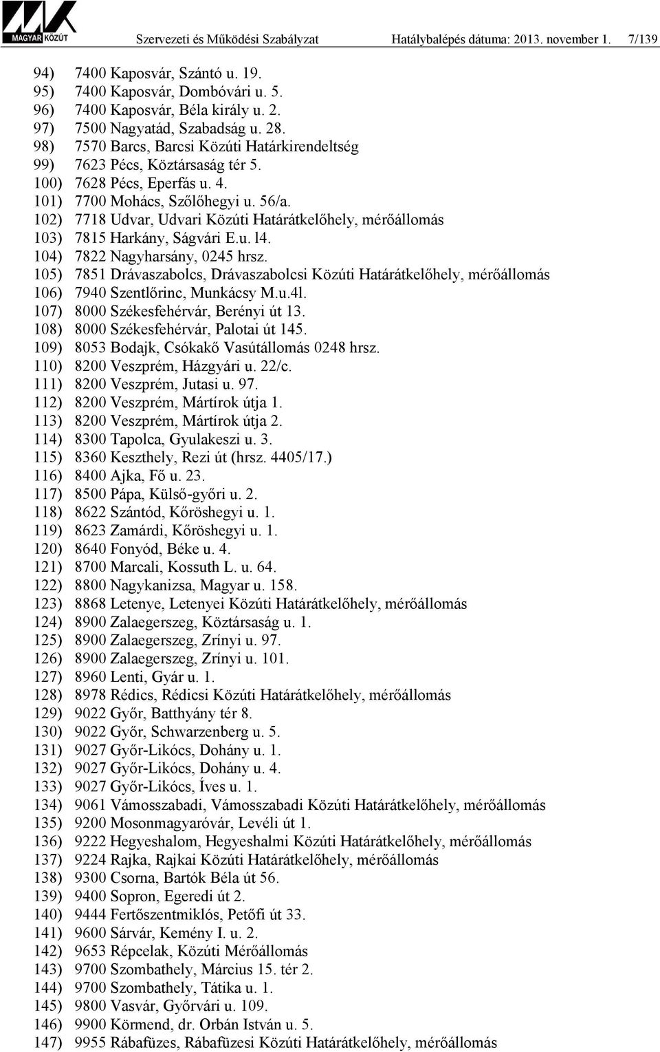 102) 7718 Udvar, Udvari Közúti Határátkelőhely, mérőállomás 103) 7815 Harkány, Ságvári E.u. l4. 104) 7822 Nagyharsány, 0245 hrsz.