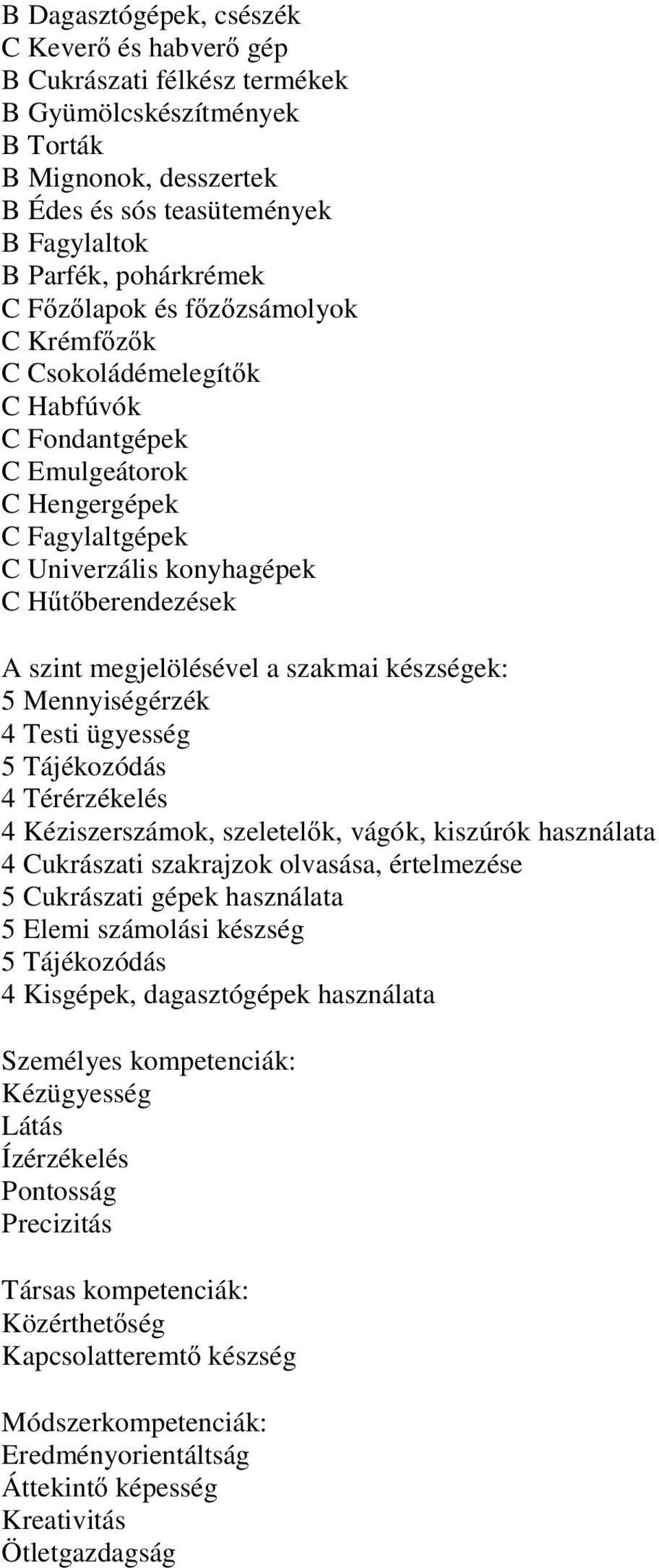 ügyesség 5 Tájékozódás 4 Térérzékelés 4 Kéziszerszámok, szeletel k, vágók, kiszúrók használata 4 Cukrászati szakrajzok olvasása, értelmezése 5 Cukrászati gépek használata 5 Elemi számolási készség 5