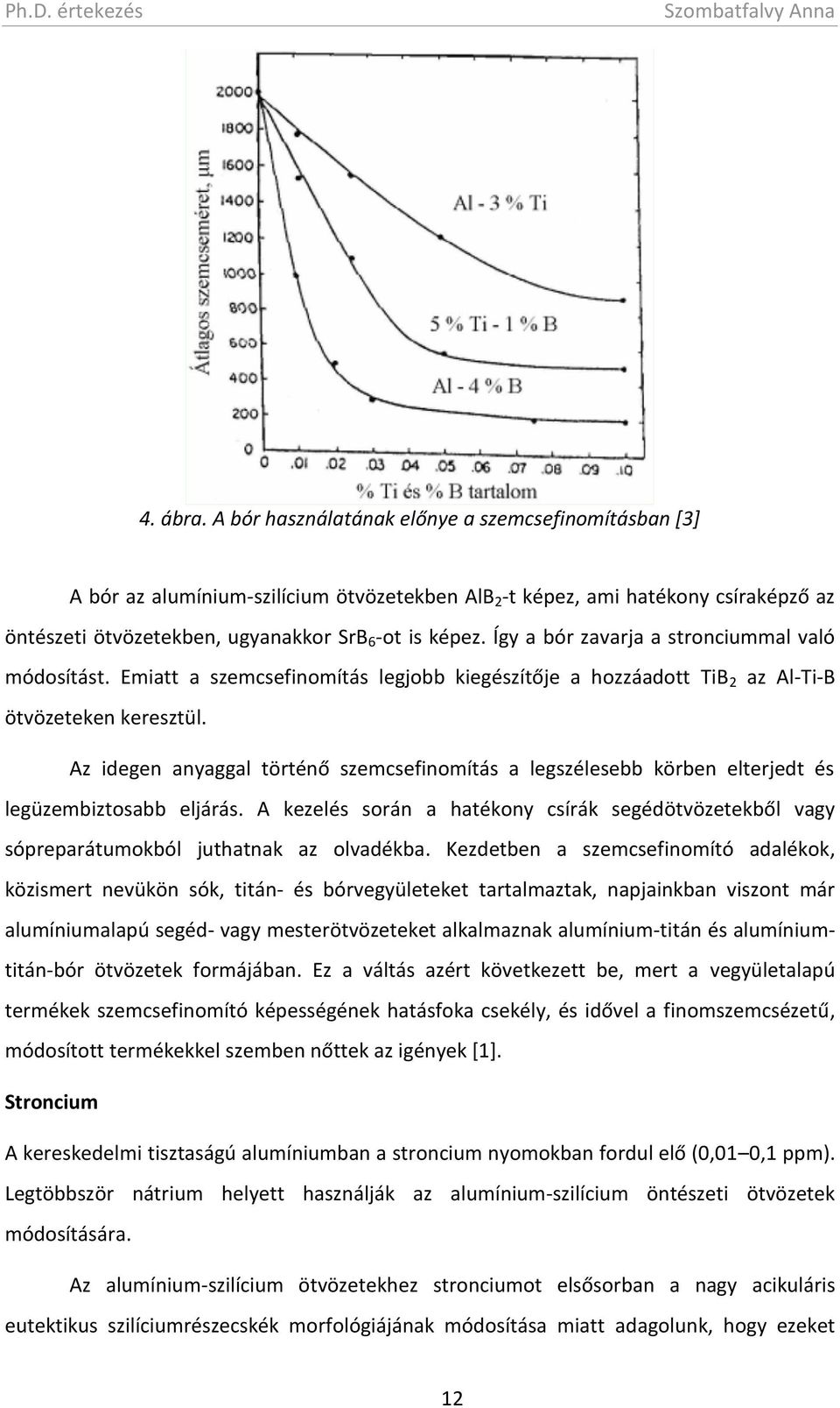 Így a bór zavarja a stronciummal való módosítást. Emiatt a szemcsefinomítás legjobb kiegészítője a hozzáadott TiB 2 az Al-Ti-B ötvözeteken keresztül.