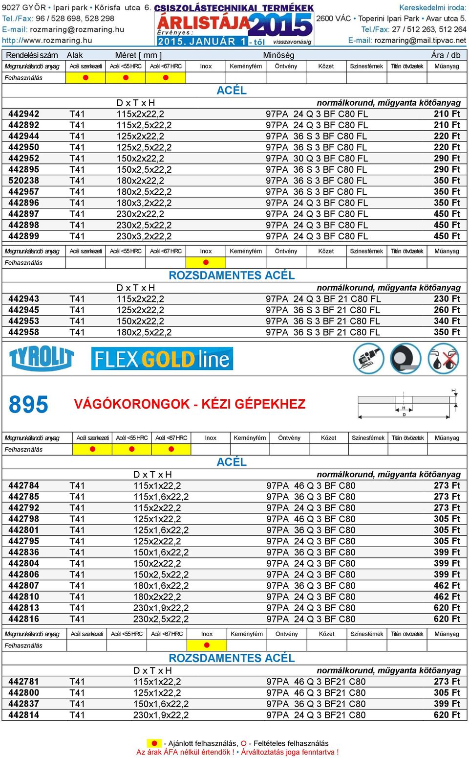 3 BF C80 FL 350 Ft 442896 T41 180x3,2x22,2 97PA 24 Q 3 BF C80 FL 350 Ft 442897 T41 230x2x22,2 97PA 24 Q 3 BF C80 FL 450 Ft 442898 T41 230x2,5x22,2 97PA 24 Q 3 BF C80 FL 450 Ft 442899 T41 230x3,2x22,2