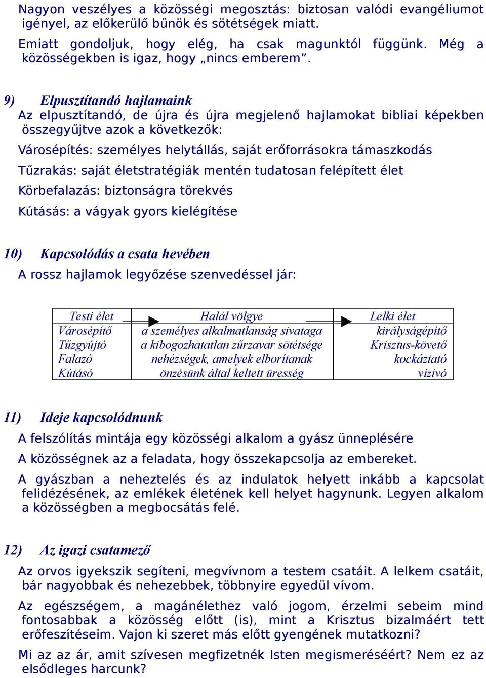 9) Elpusztítandó hajlamaink Az elpusztítandó, de újra és újra megjelenő hajlamokat bibliai képekben összegyűjtve azok a következők: Városépítés: személyes helytállás, saját erőforrásokra támaszkodás