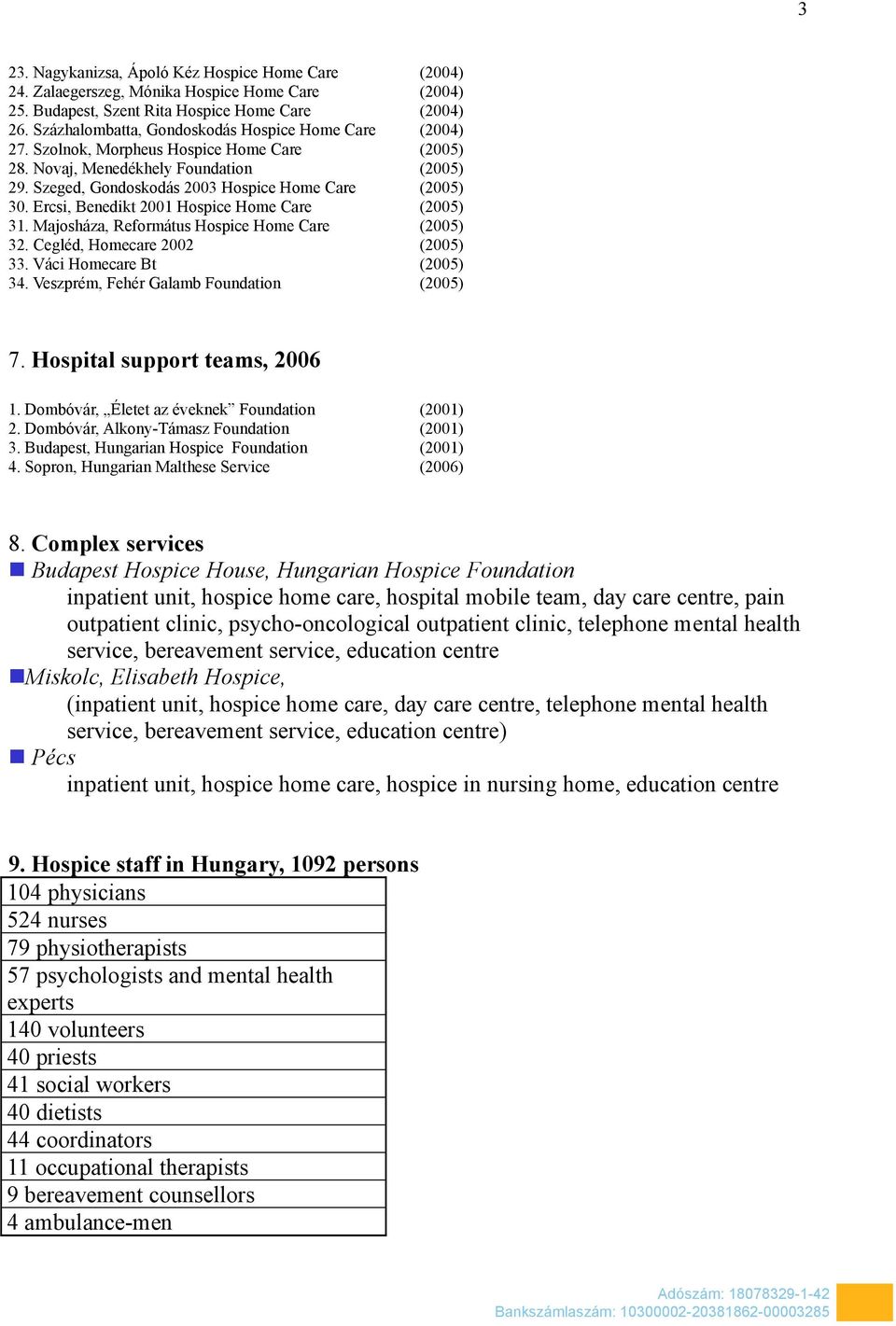 Ercsi, Benedikt 2001 Hospice Home Care (2005) 31. Majosháza, Református Hospice Home Care (2005) 32. Cegléd, Homecare 2002 (2005) 33. Váci Homecare Bt (2005) 34.
