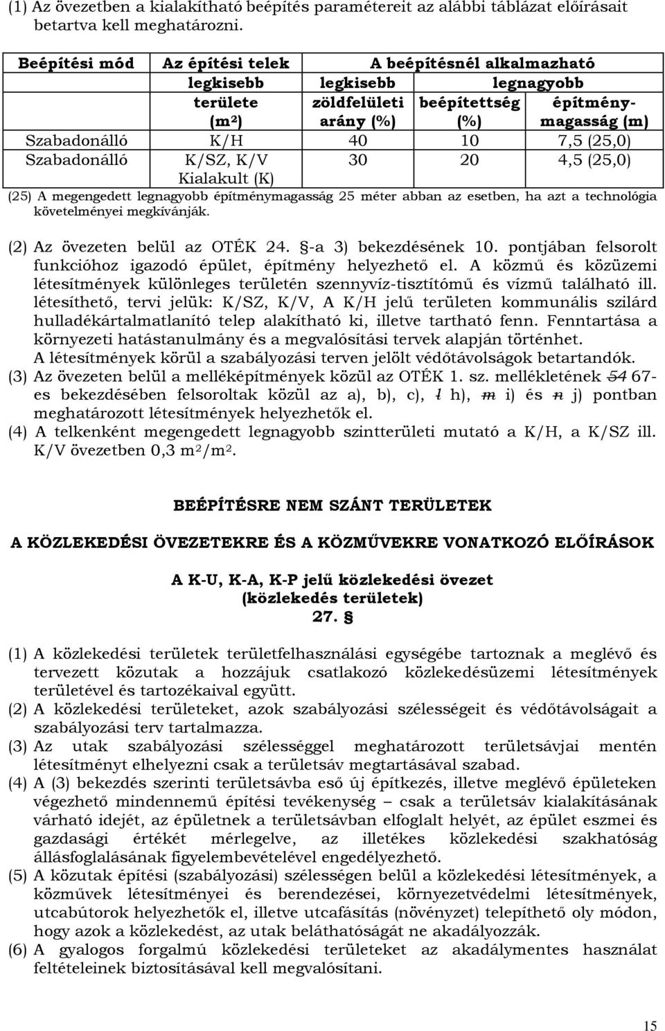 Szabadonálló K/SZ, K/V Kialakult (K) 30 20 4,5 (25,0) (25) A megengedett legnagyobb építménymagasság 25 méter abban az esetben, ha azt a technológia követelményei megkívánják.