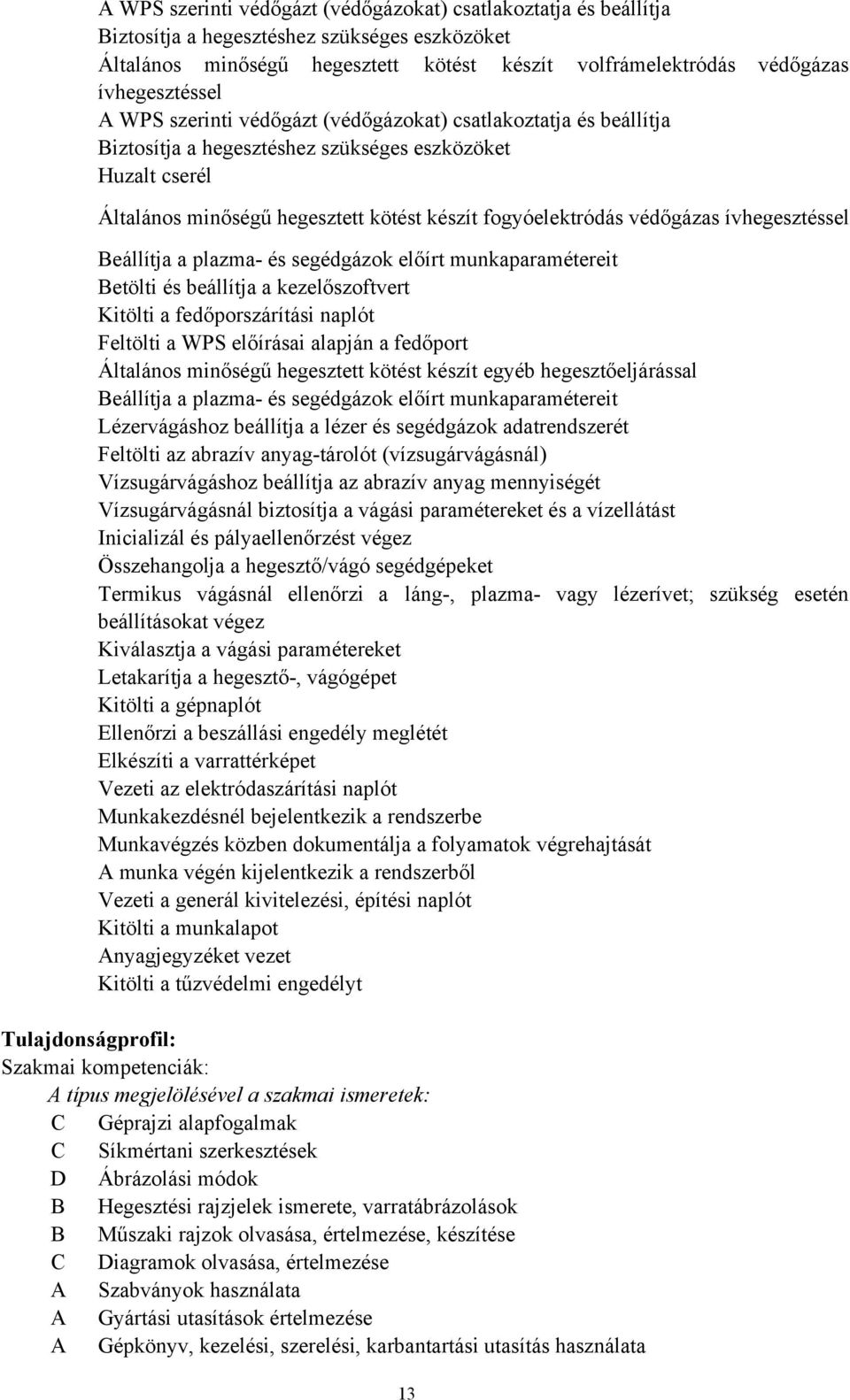 ívhegesztéssel Beállítja a plazma- és segédgázok előírt munkaparamétereit Betölti és beállítja a kezelőszoftvert Kitölti a fedőporszárítási naplót Feltölti a WPS előírásai alapján a fedőport