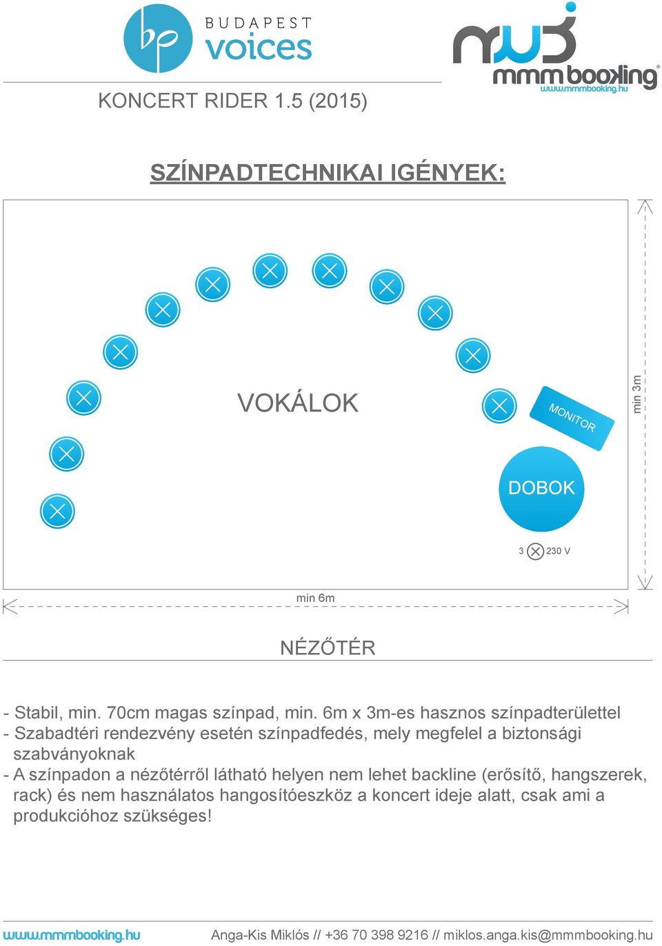 A színpadon a nézőtérről látható helyen nem lehet backline (erősítő, hangszerek, rack) és nem használatos