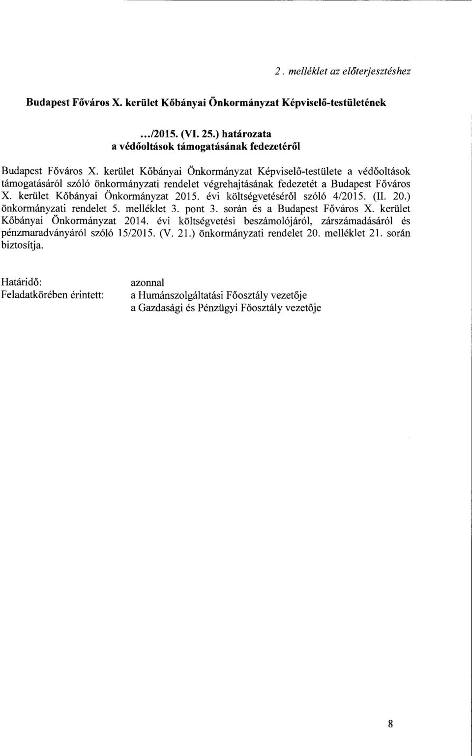 évi költségvetéséről szóló 4/2015. (Il. 20.) önkormányzati rendelet 5. melléklet 3. pont 3. során és a Budapest Főváros X. kerület Kőbányai Önkormányzat 2014.