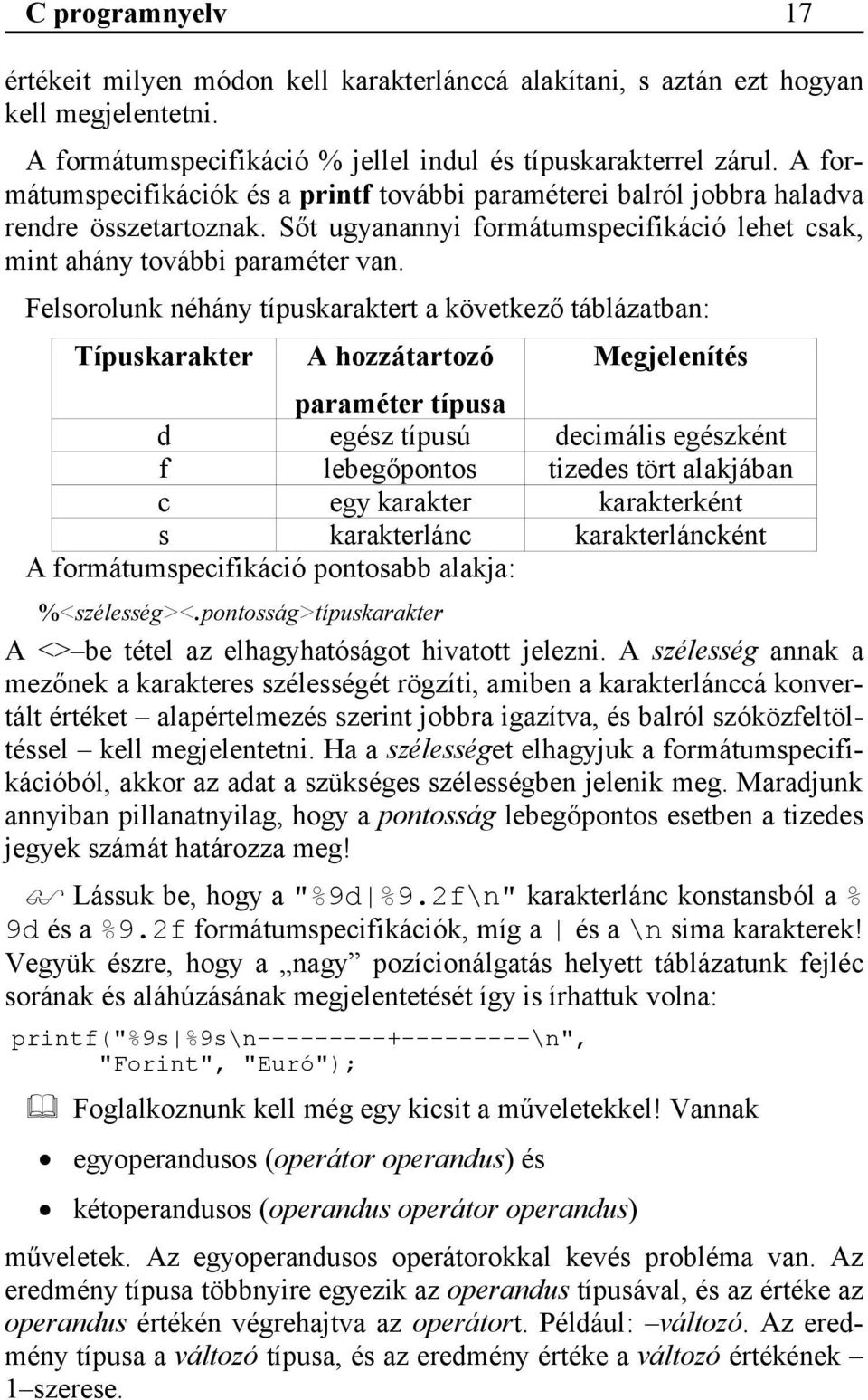 Felsorolunk néhány típuskaraktert a következő táblázatban: Típuskarakter A hozzátartozó Megjelenítés paraméter típusa d egész típusú decimális egészként f lebegőpontos tizedes tört alakjában c egy