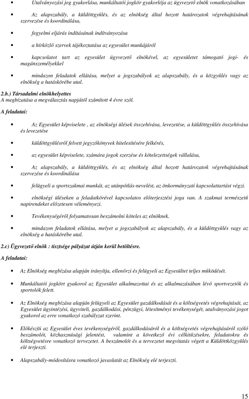 magánszemélyekkel mindazon feladatok ellátása, melyet a jogszabályok az alapszabály, és a közgyűlés vagy az elnökség a hatáskörébe utal. 2.b.) Társadalmi elnökhelyettes A megbízatása a megválasztás napjától számított 4 évre szól.