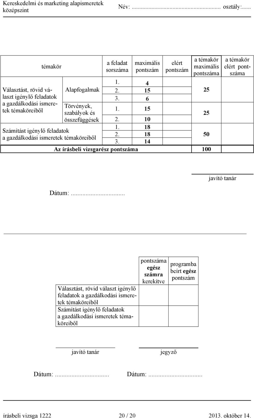 14 Az írásbeli vizsgarész pontszáma 100 a témakör elért pontszáma javító tanár Dátum:.