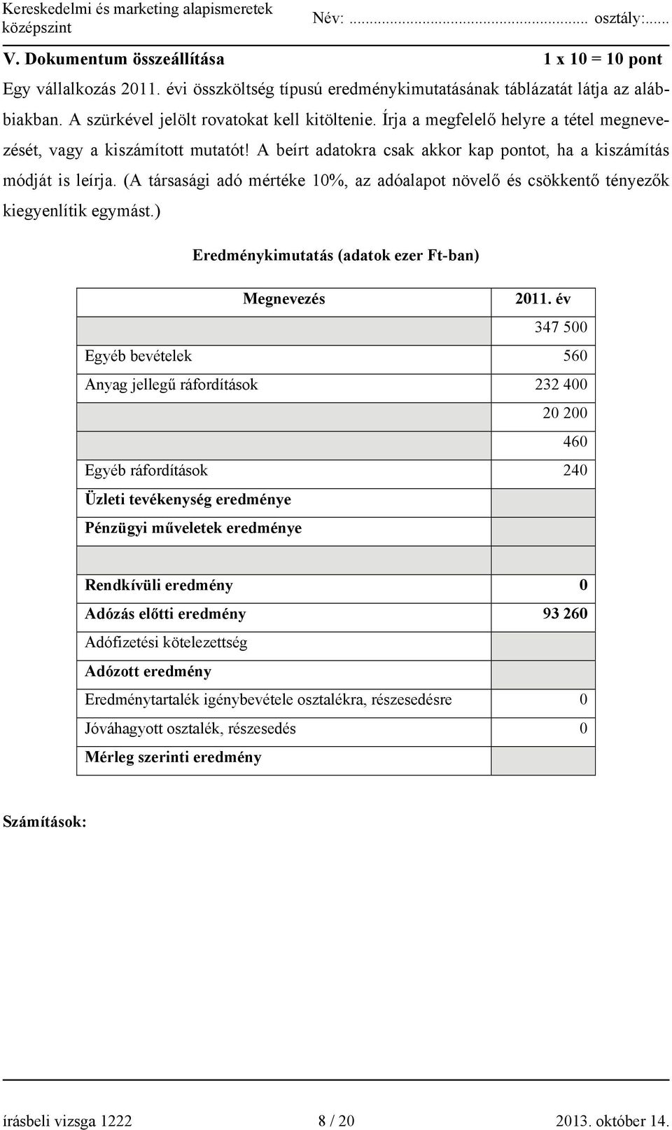 (A társasági adó mértéke 10%, az adóalapot növelő és csökkentő tényezők kiegyenlítik egymást.) Eredménykimutatás (adatok ezer Ft-ban) Megnevezés 2011.