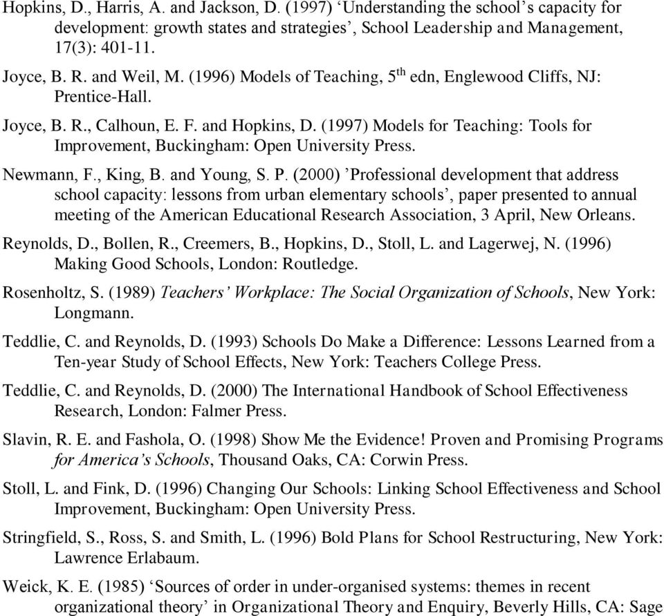 (1997) Models for Teaching: Tools for Improvement, Buckingham: Open University Pr