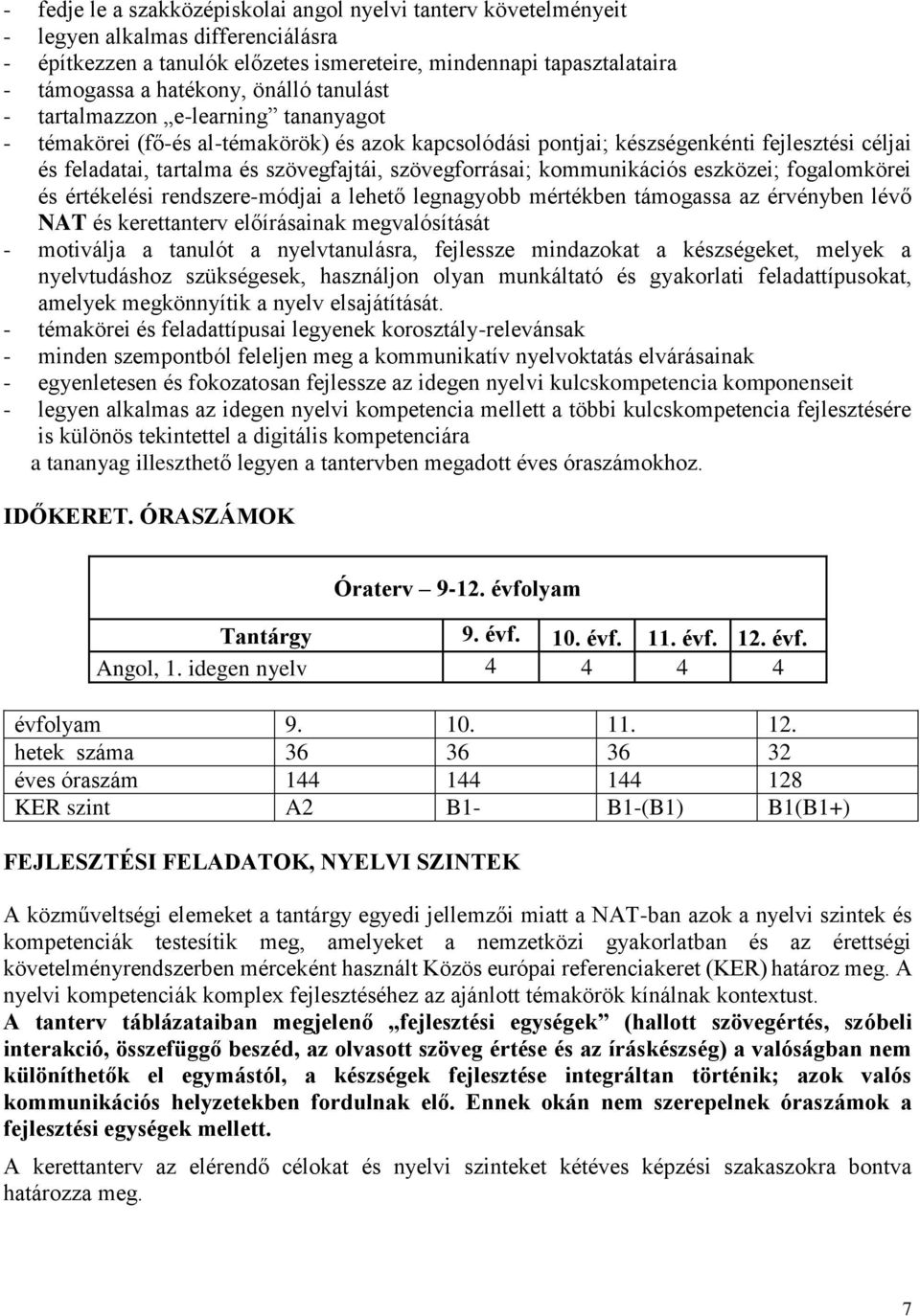 szövegforrásai; kommunikációs eszközei; fogalomkörei és értékelési rendszere-módjai a lehető legnagyobb mértékben támogassa az érvényben lévő NAT és kerettanterv előírásainak megvalósítását -