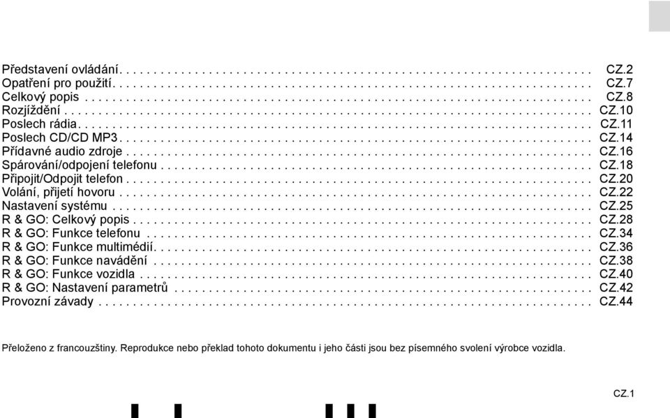 .................................................................... CZ.14 Přídavné audio zdroje.................................................................... CZ.16 Spárování/odpojení telefonu.