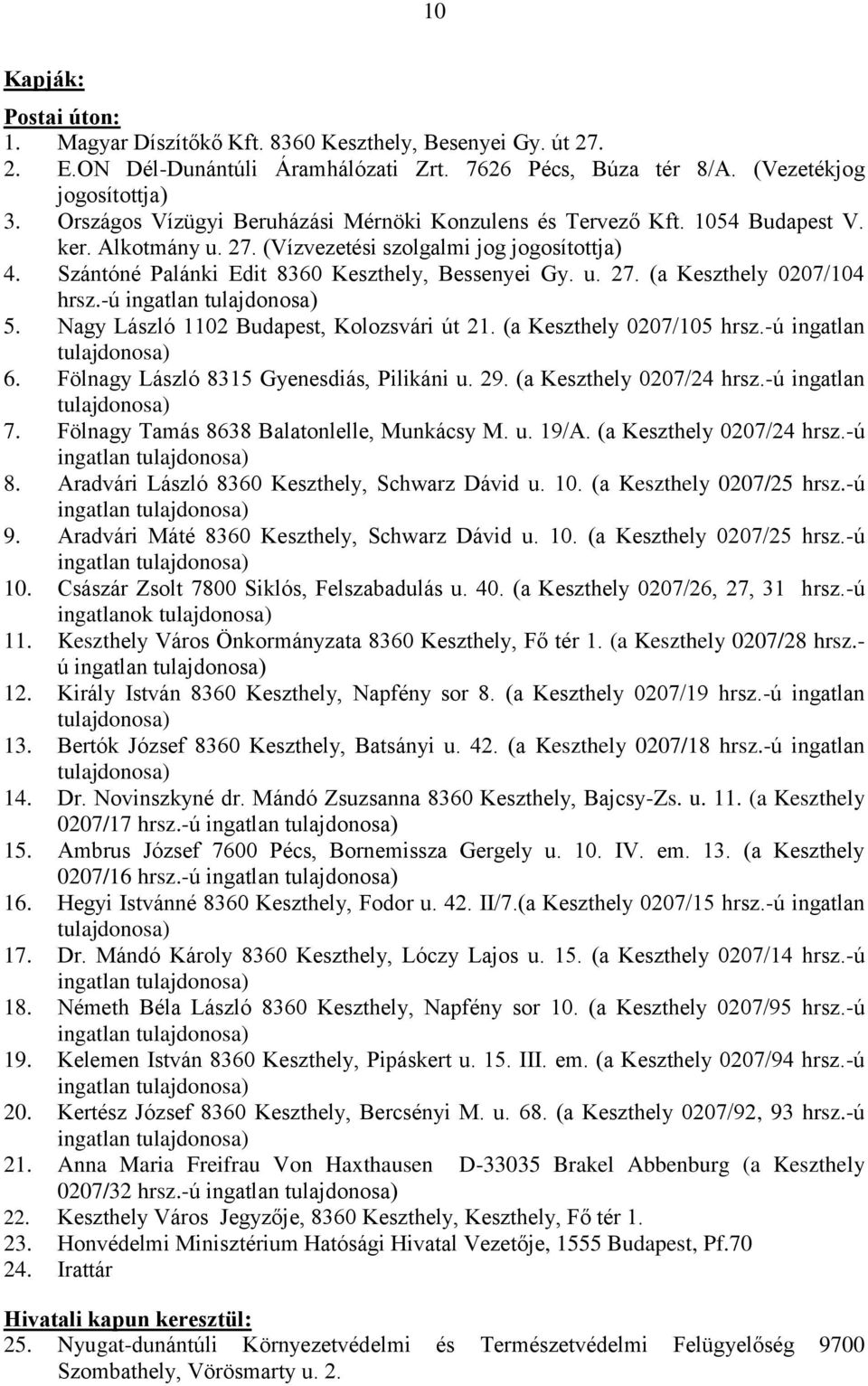 -ú 5. Nagy László 1102 Budapest, Kolozsvári út 21. (a Keszthely 0207/105 hrsz.-ú ingatlan tulajdonosa) 6. Fölnagy László 8315 Gyenesdiás, Pilikáni u. 29. (a Keszthely 0207/24 hrsz.