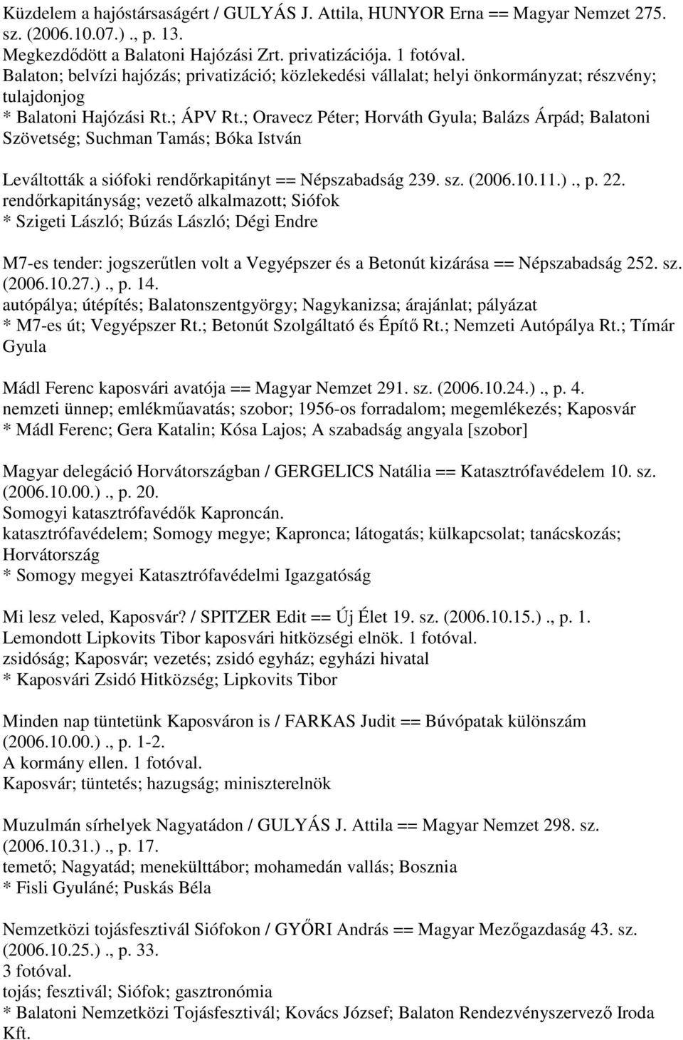 ; Oravecz Péter; Horváth Gyula; Balázs Árpád; Balatoni Szövetség; Suchman Tamás; Bóka István Leváltották a siófoki rendőrkapitányt == Népszabadság 239. sz. (2006.10.11.)., p. 22.