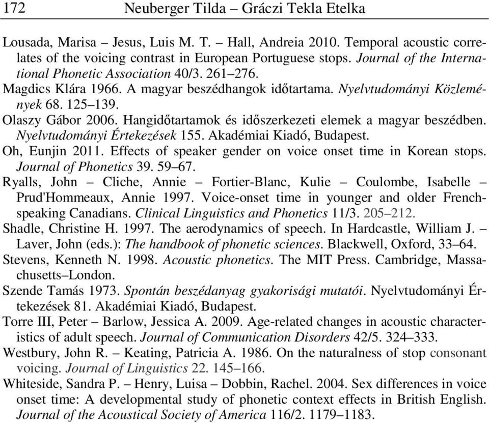 Nyelvtudományi Értekezések 155. Akadémiai Kiadó, Budapest. Oh, Eunjin 2011. Effects of speaker gender on voice onset time in Korean stops. Journal of Phonetics 39. 59 67.